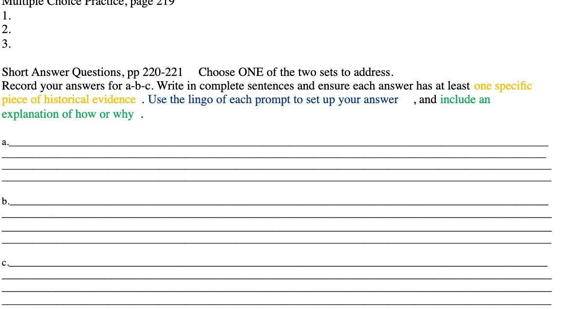  Multiple Choice Practice, page 21y 1. 2. 3. Short Answer Questions,