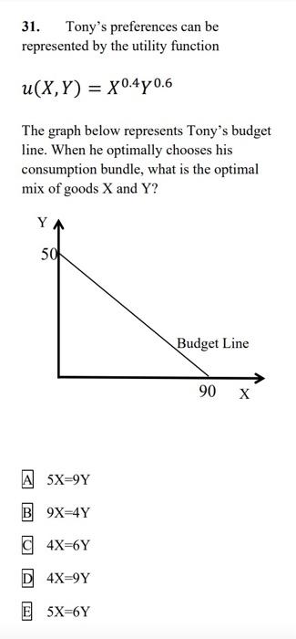  31. Tony's preferences can be represented by the utility function u(X,