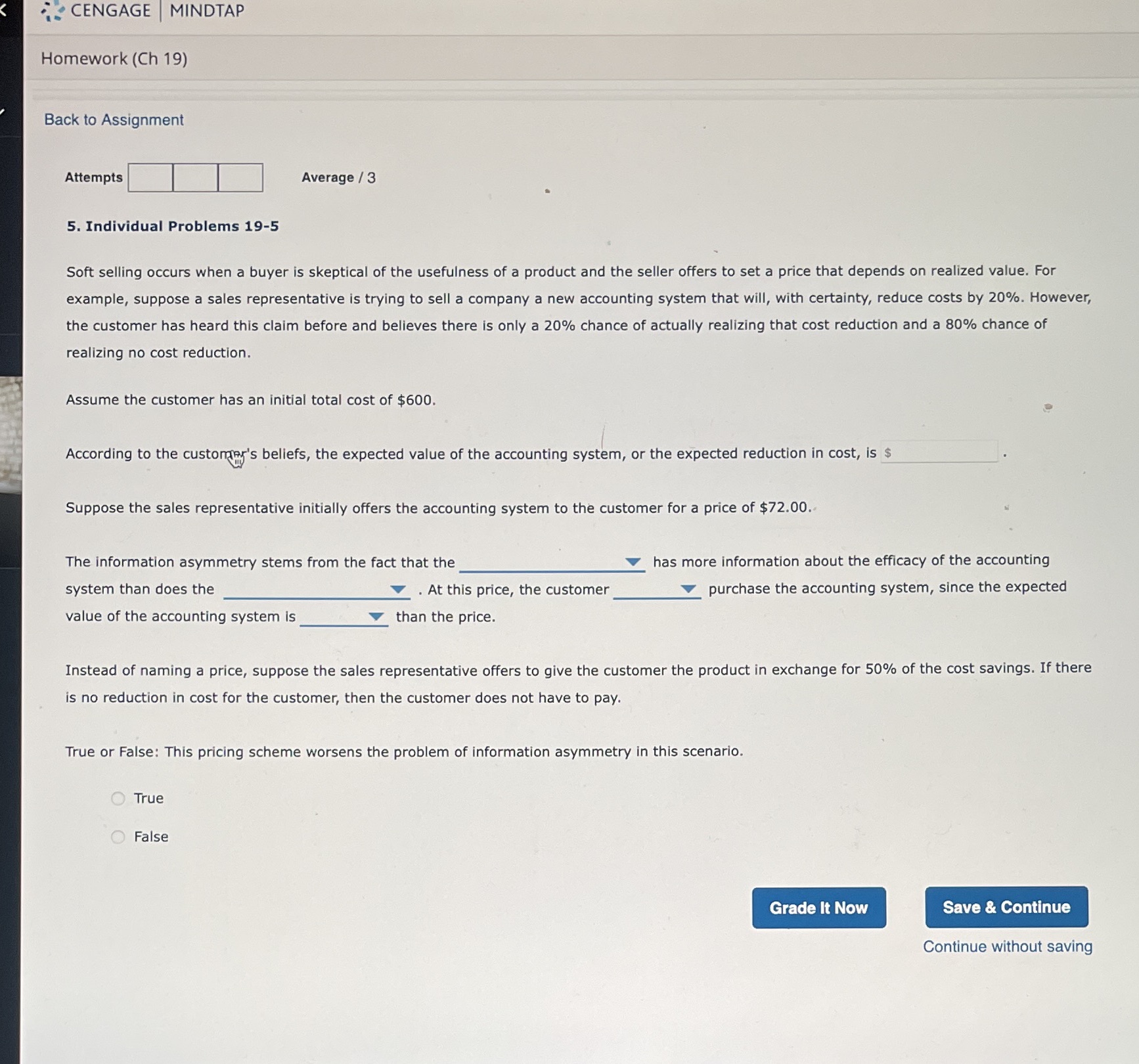  CENGAGE MINDTAP Homework (Ch 19) Back to Assignment Attempts Average /