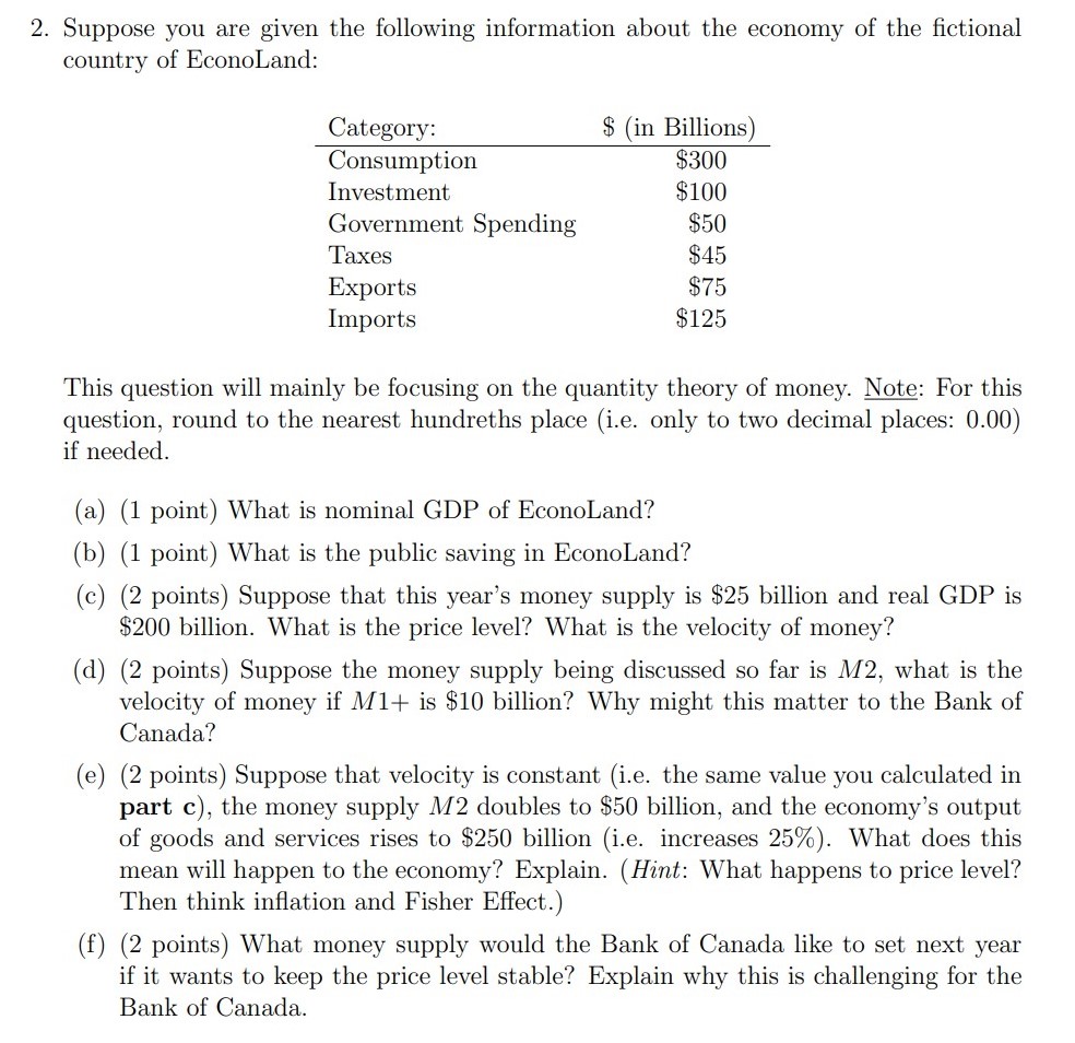the following information about the economy of the ctional country of EconoLand: