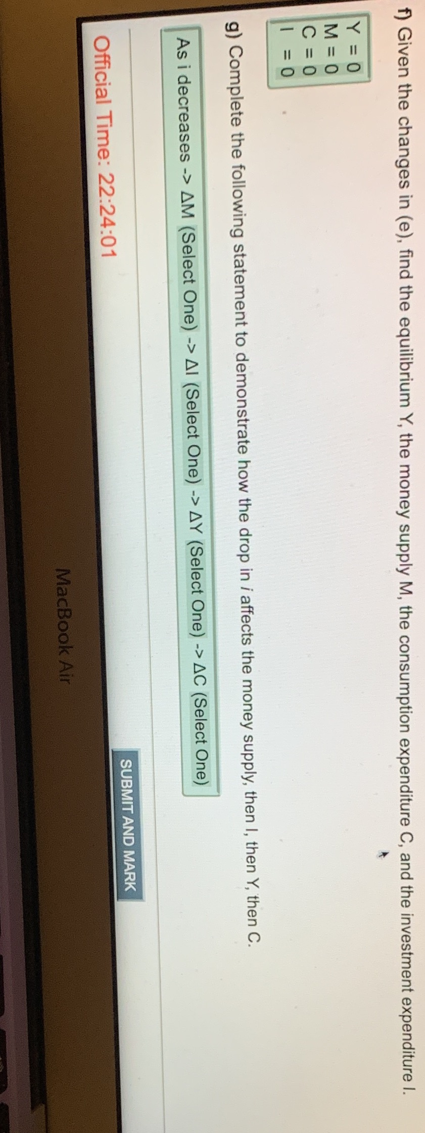 f) Given the changes in (e), find the equilibrium Y, the