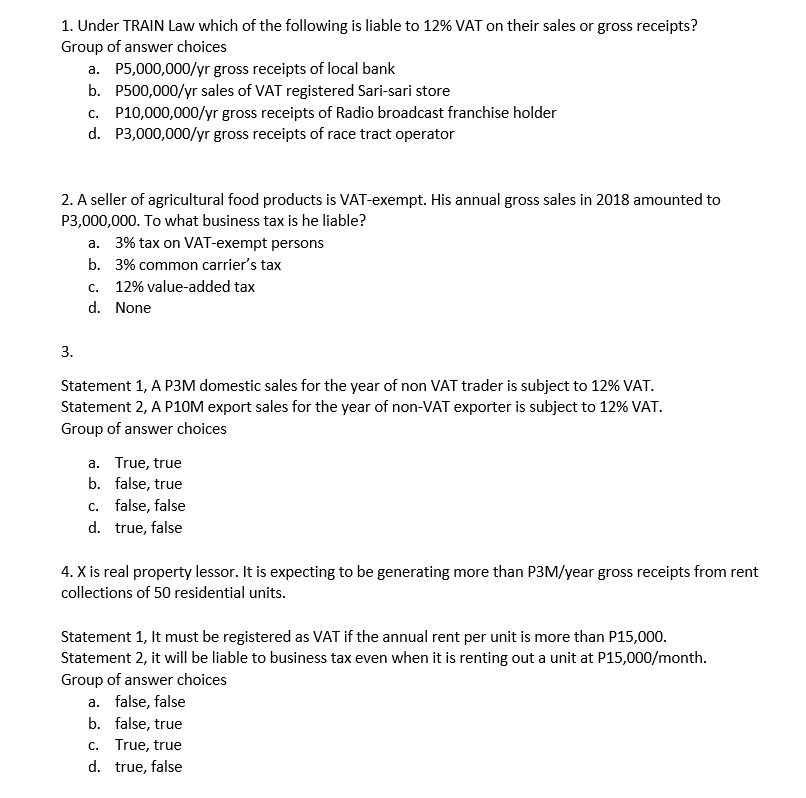 Law which of the following is liable to 12% VAT on their