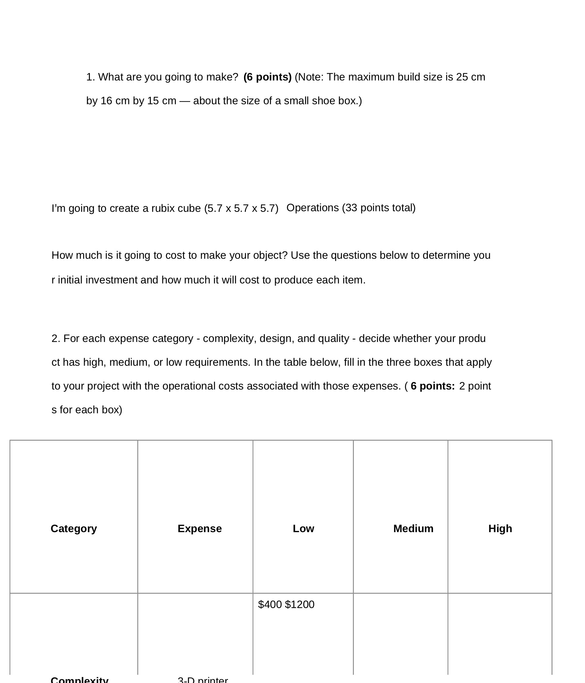 1. What are you going to make? (6 points) (Note: The