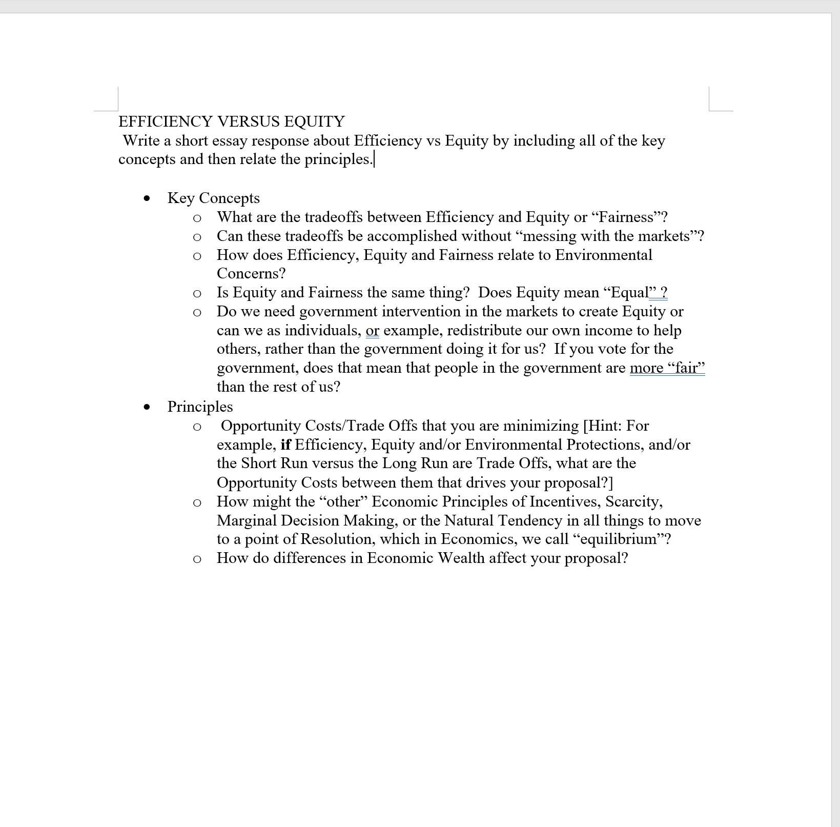 response about Efficiency vs Equity by including all of the key concepts