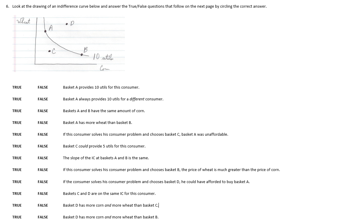 an indifference curve below and answer the TruefFalse questions that follow on