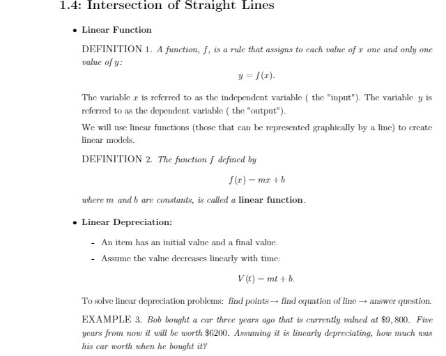  1.4: Intersection of Straight Lines . Linear Function DEFINITION 1. A