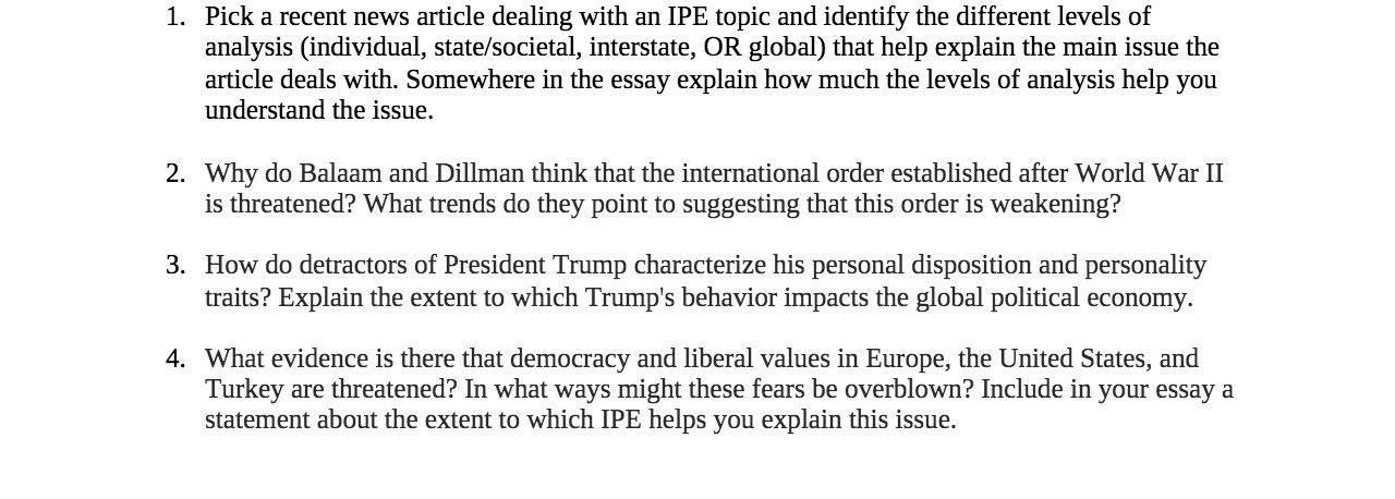 and identify the different levels of analysis (individual, state/societal, interstate, 0R global)