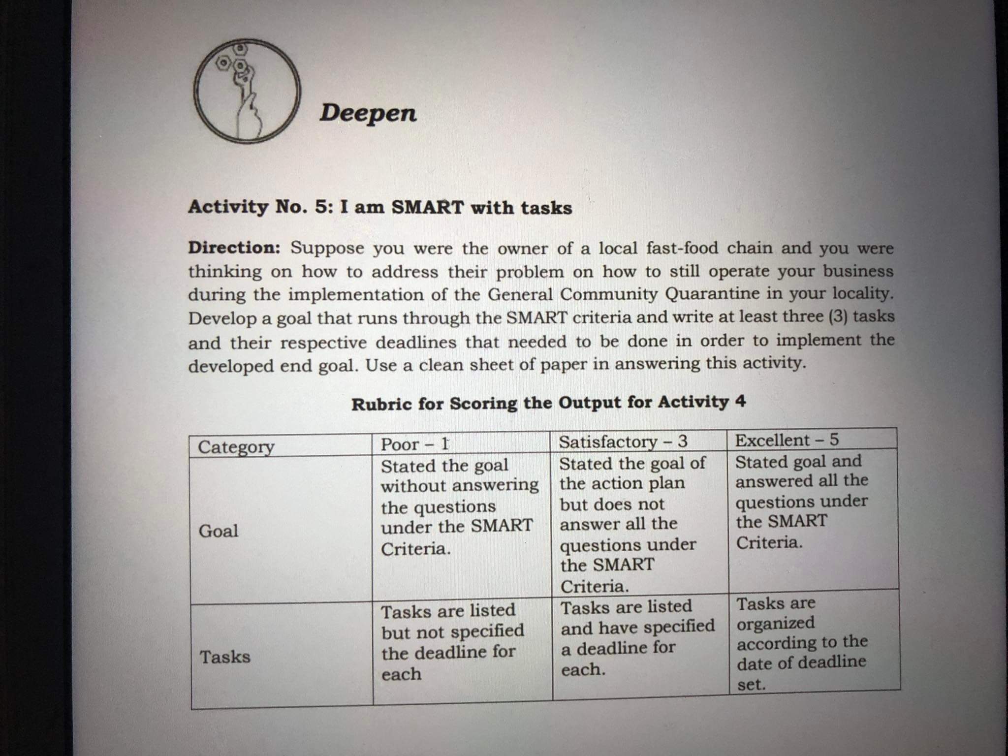 Deepen Activity No. 5: I am SMART with tasks Direction: Suppose
