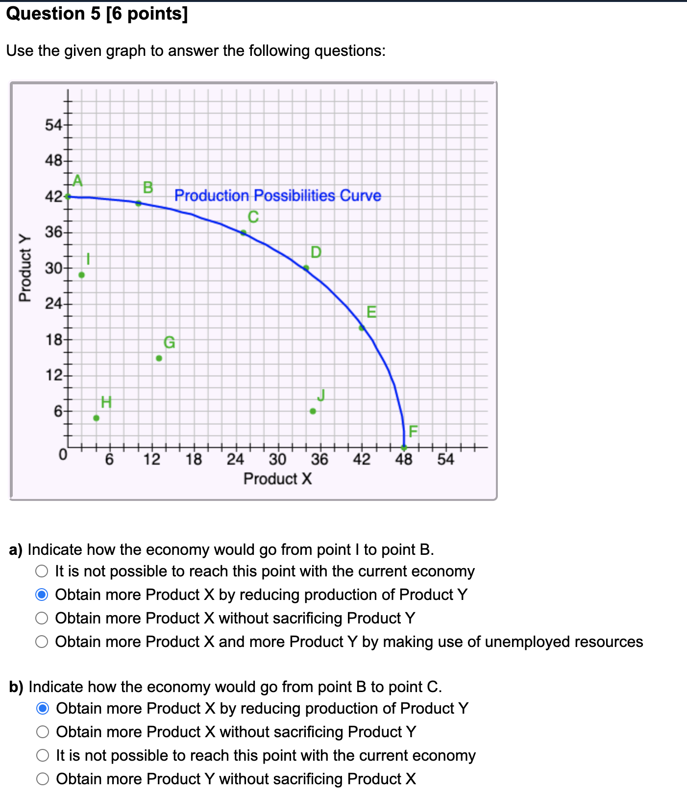 B Production Possibilities Curve 36 D Product Y 30 247 E 18-