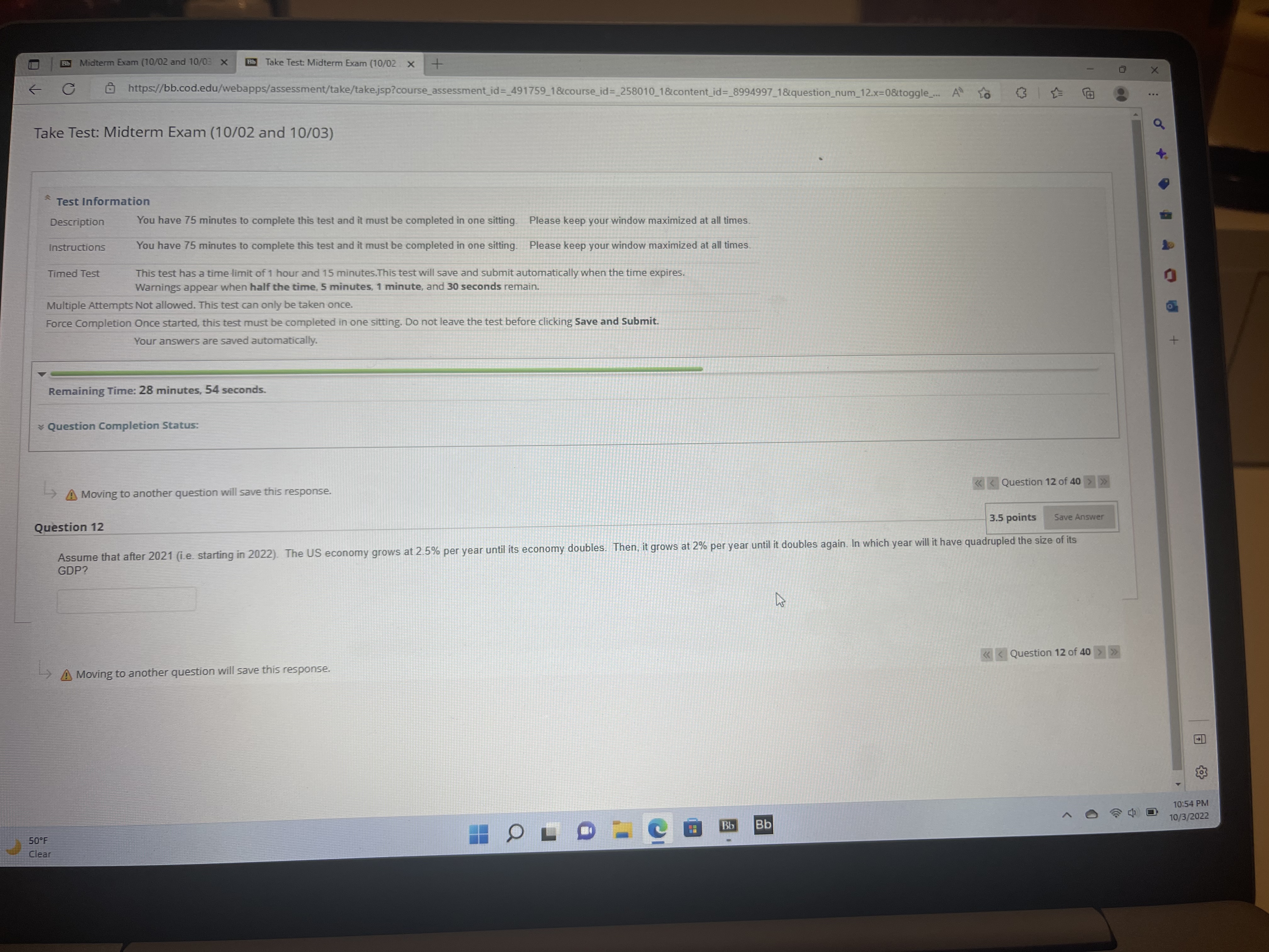 Exam (10/02 x + X C https://bb.cod.edu/webapps/assessment/take/take.jsp?course_assessment_id=_491759_1&course_id=_258010_1&content_id=_8994997_1&question_num_12.x=0&toggle_... A to >> Question 12