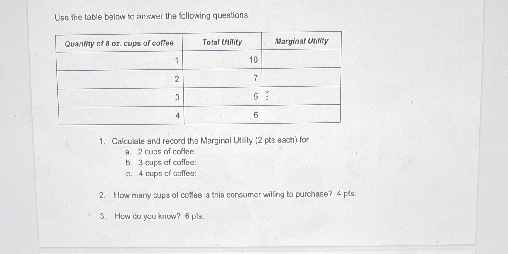 8 oz. cups of coffee Total Utility Marginal Utility 1 10 2