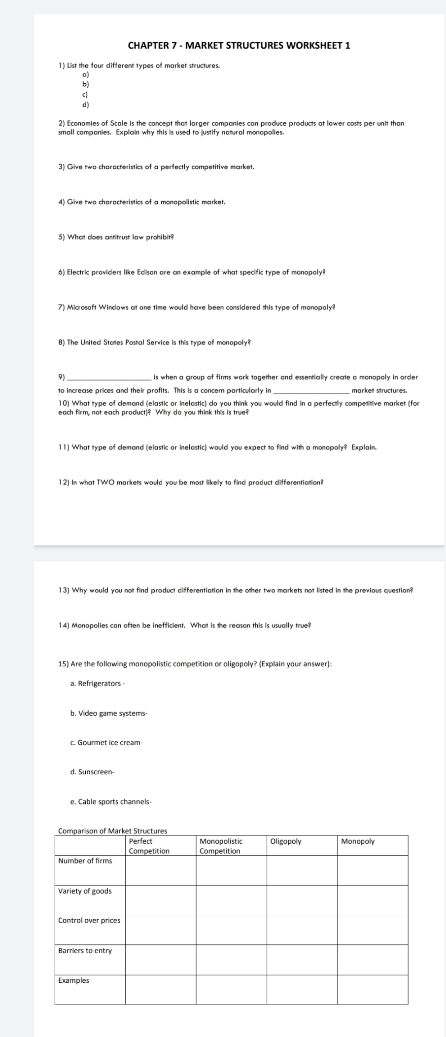 Help me please. CHAPTER 7 - MARKET STRUCTURES WORKSHEET 1 1)