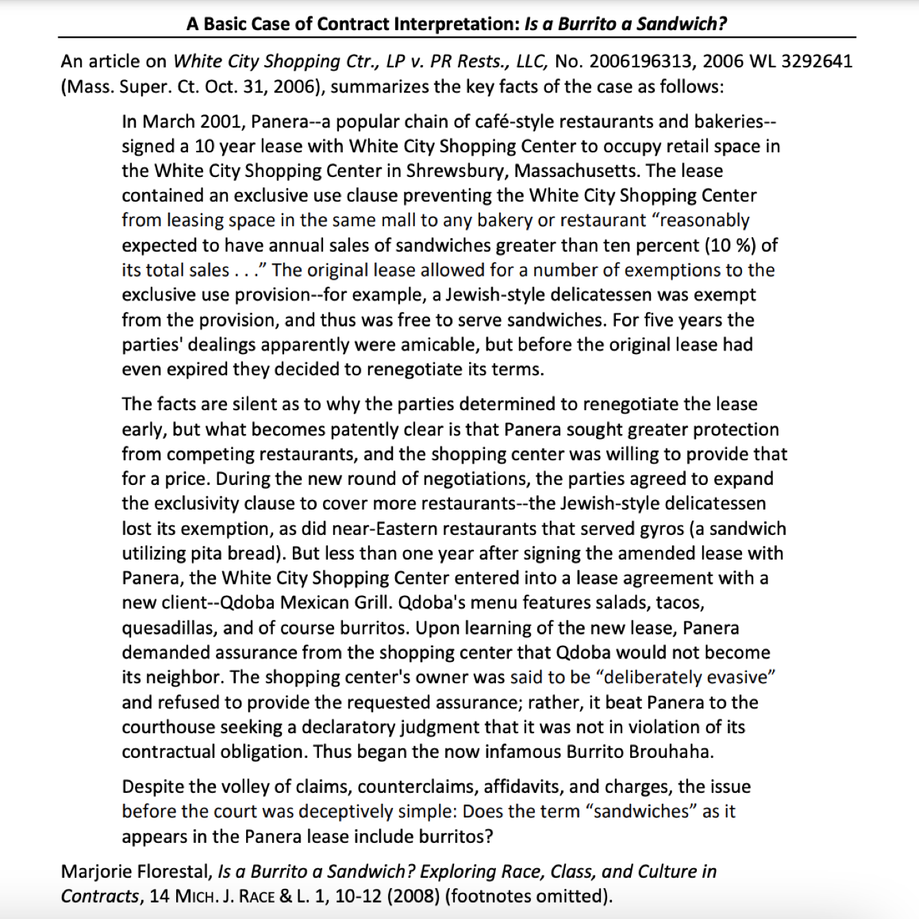 A Basic Case of Contract Interpretation: is a Burrito a Sandwich?