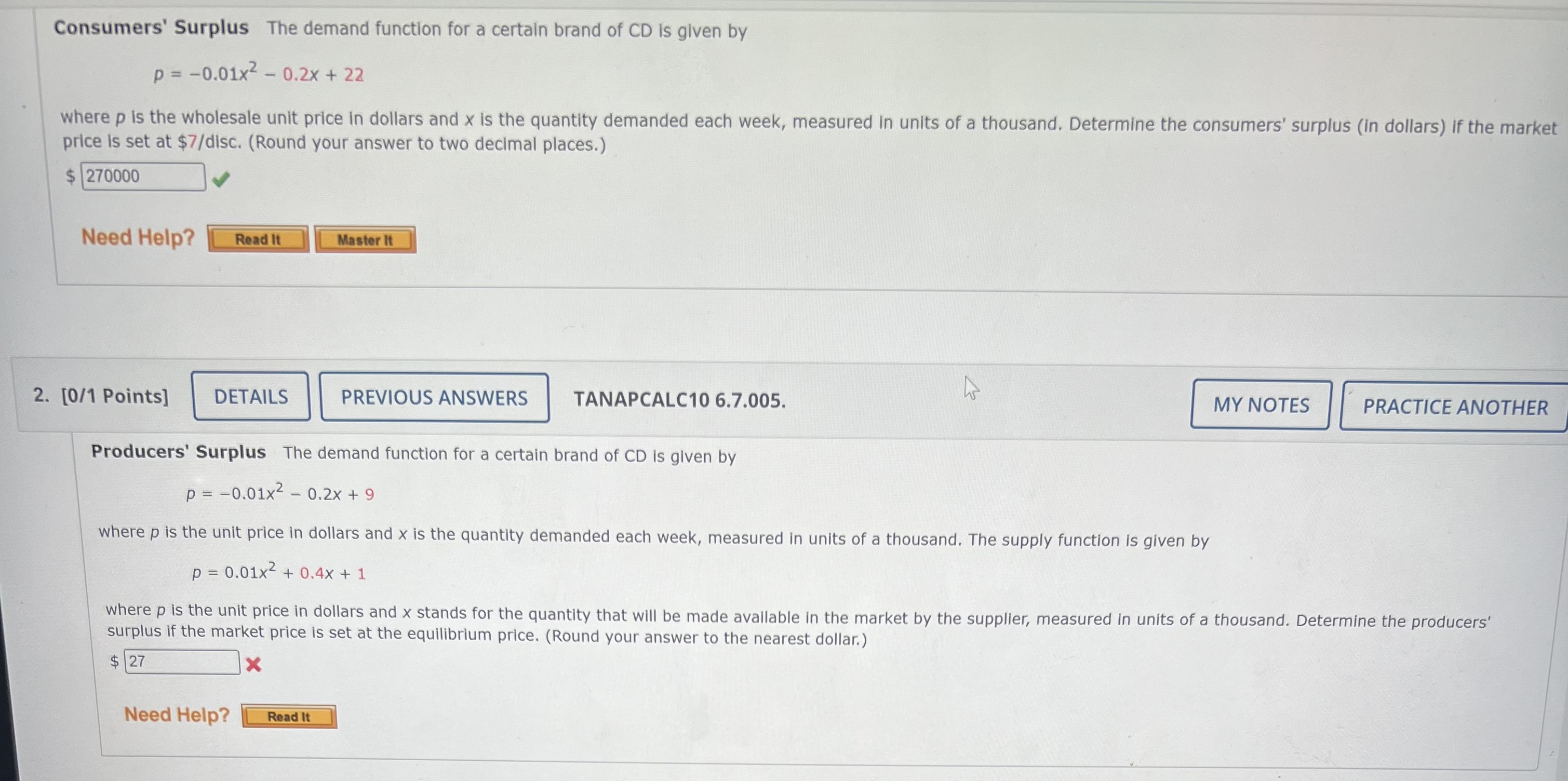 the wholesale unit price in dollars and x is the quantity demanded