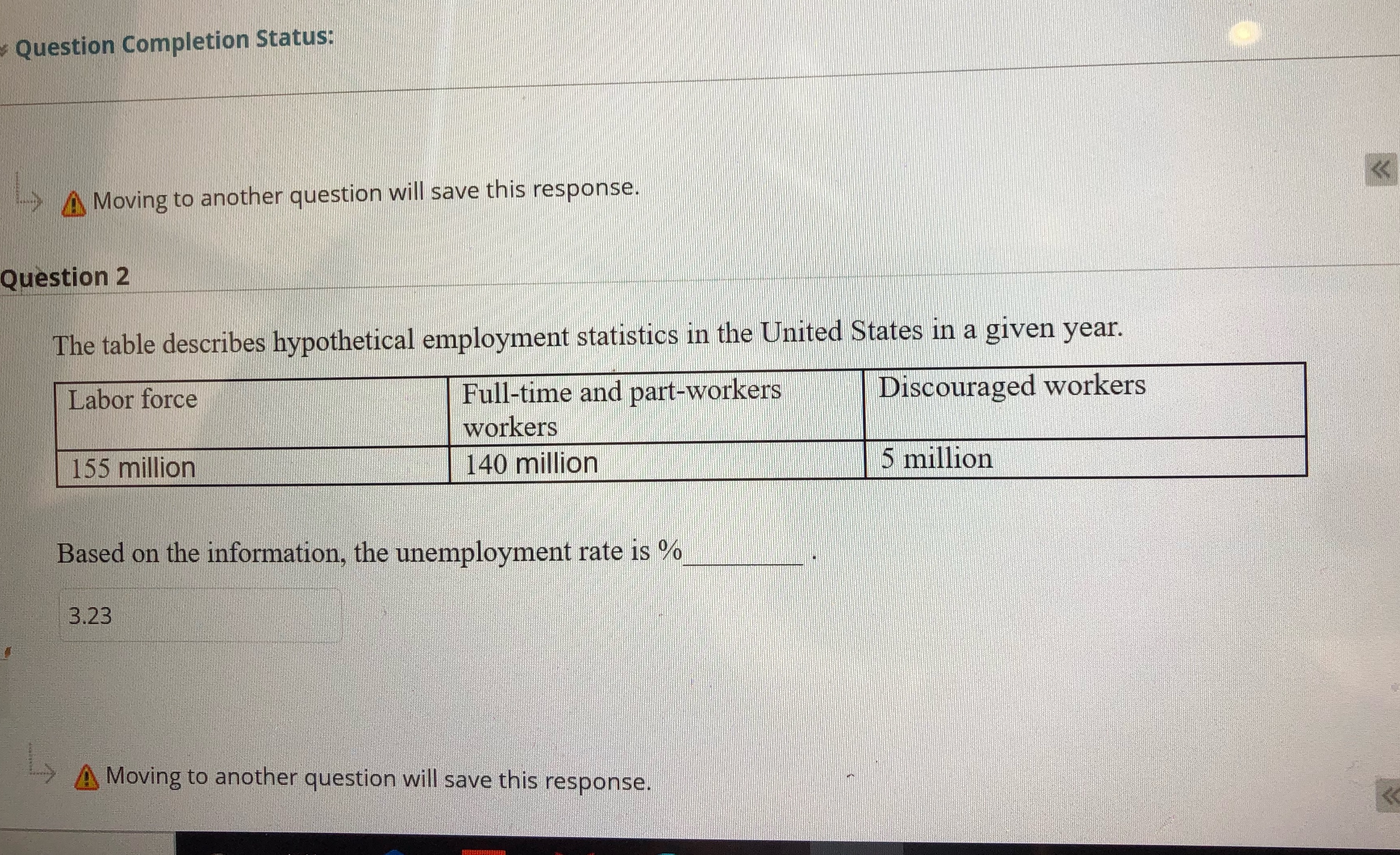 Question 2 The table describes hypothetical employment statistics in the United States