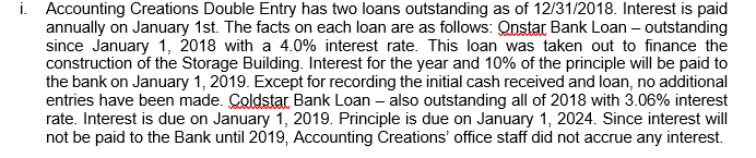 Accounting Creations Double Entry' has tvvo loans outstanding as of 12/31/2018 Interest