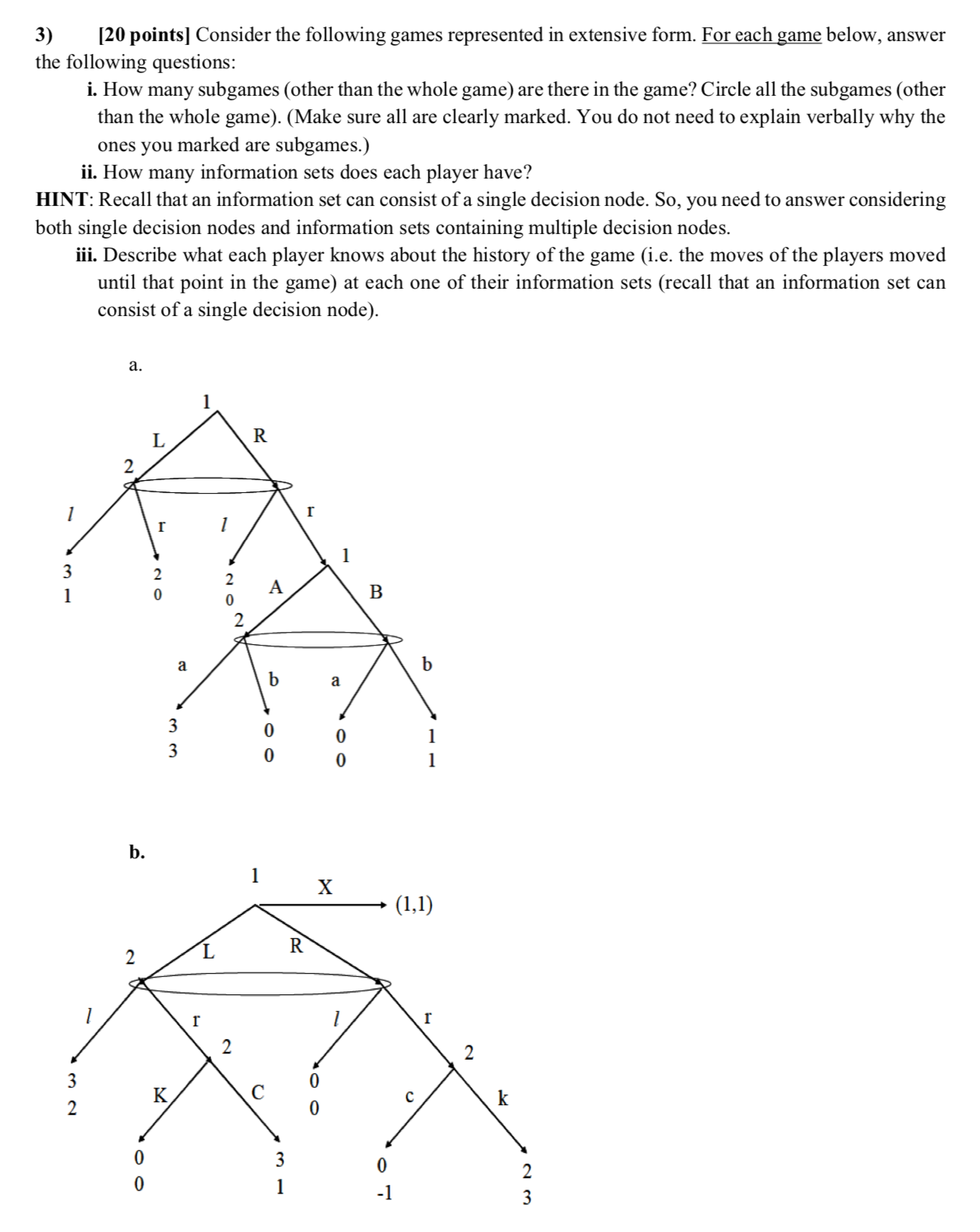  3) [20 points] Consider the following games represented in extensive form.