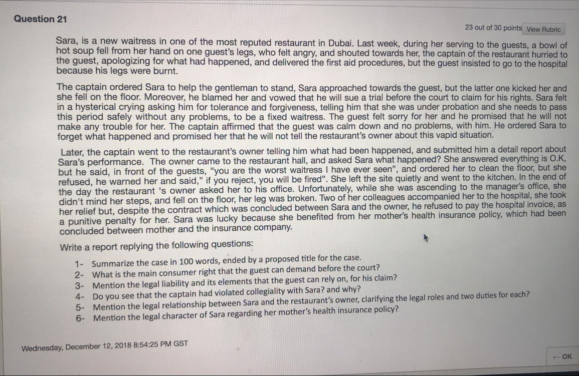 Question 21 23 out of 30 points View Rubric, Sara, is a