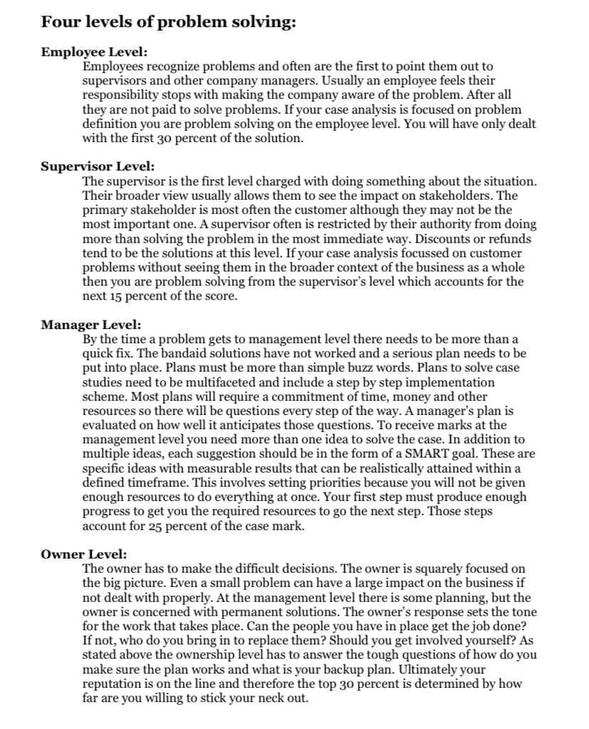 Read this first Four levels of problem solving: Employee Level: Employees