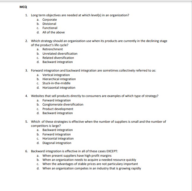  1-25 MCQ26-40 T/F MCQ 1. Long term objectives are needed at