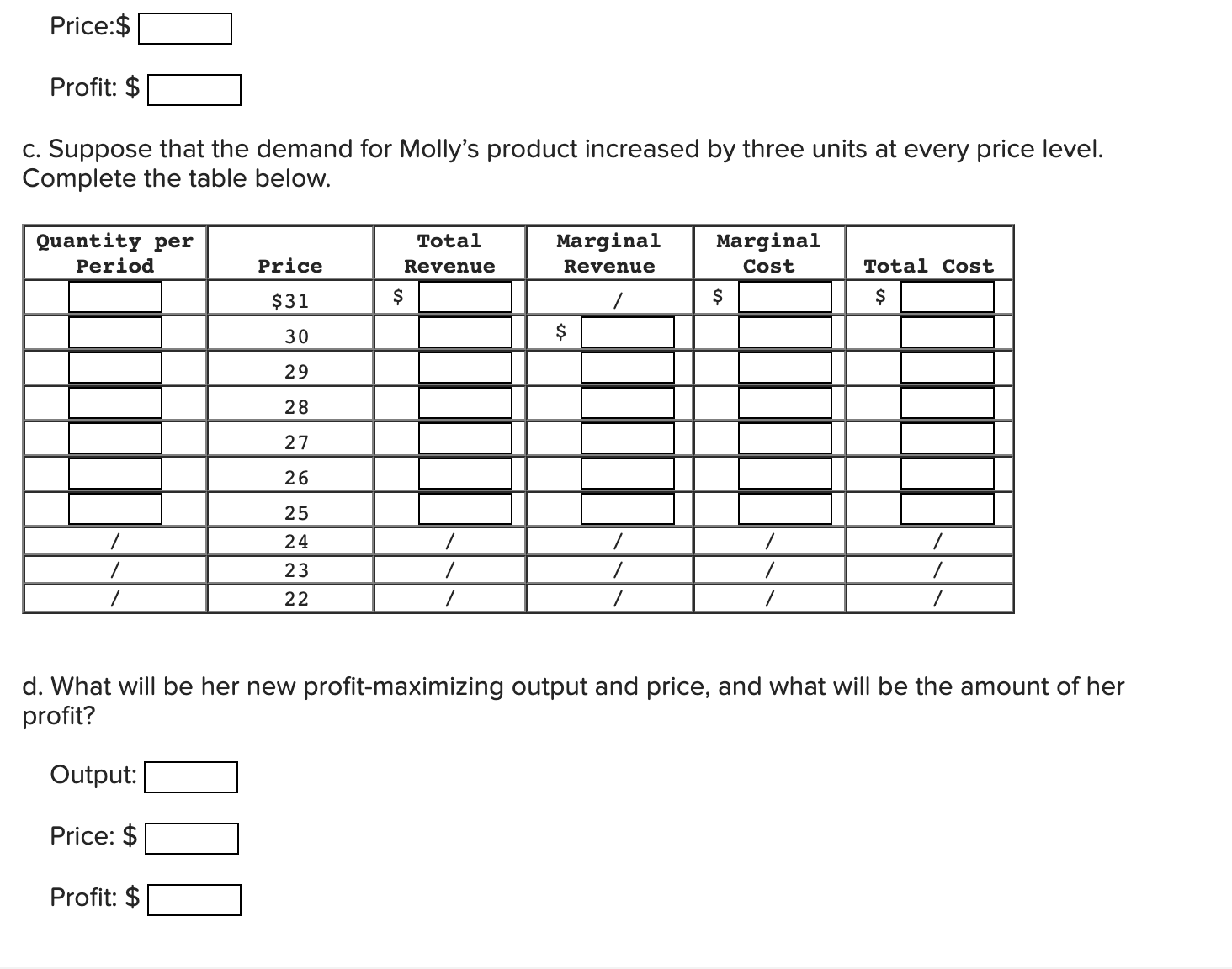 profit-maximizing output and price, and what will be the amount of her