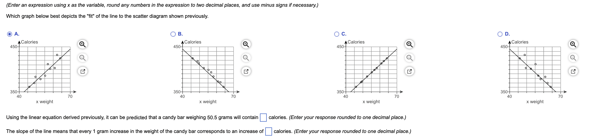 the oonesponding Candy Bar Weight. x Calories, y Candy Bar Weight. x