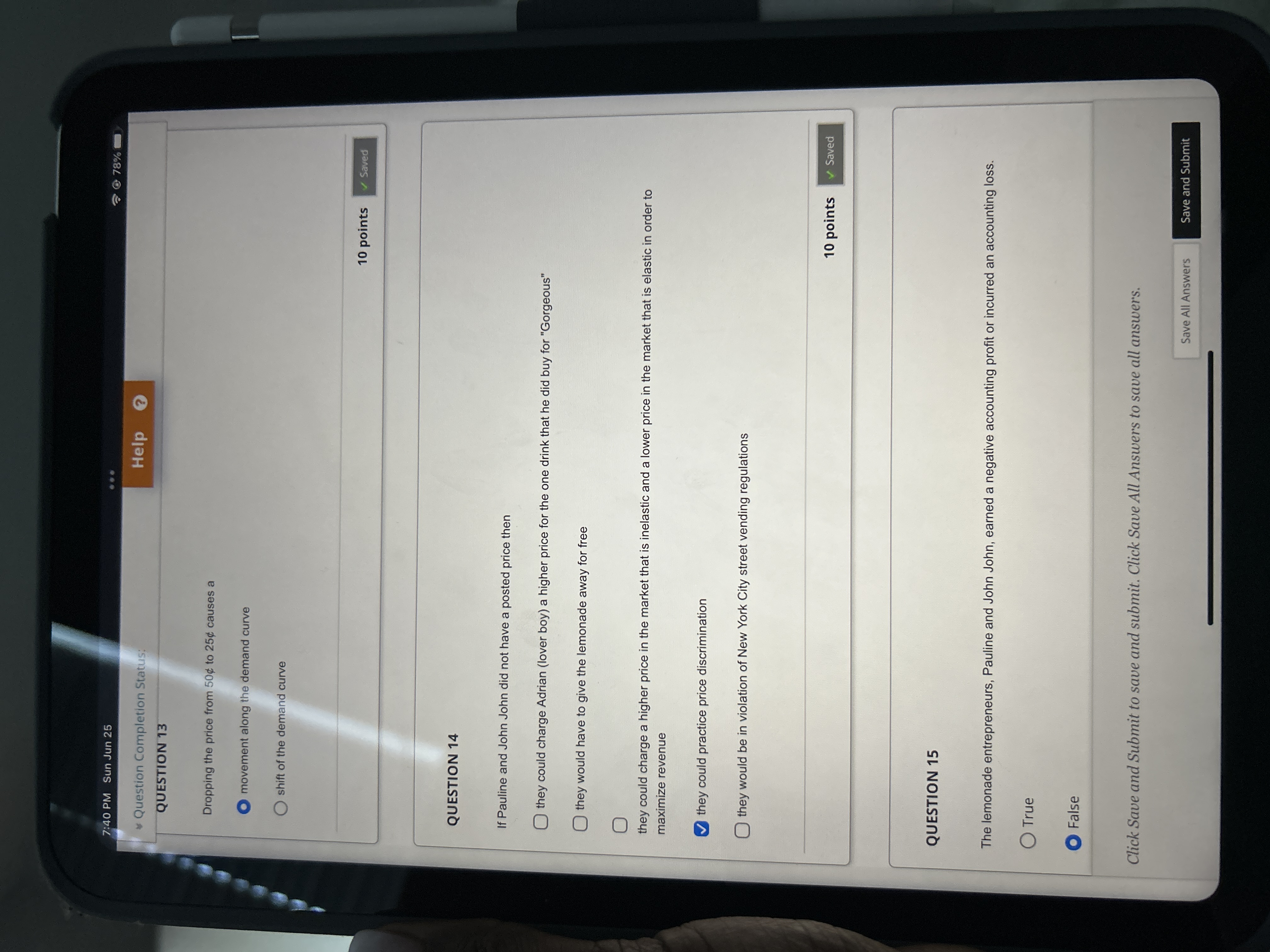 Completion Status: Help QUESTION 13 Dropping the price from 50# to 254