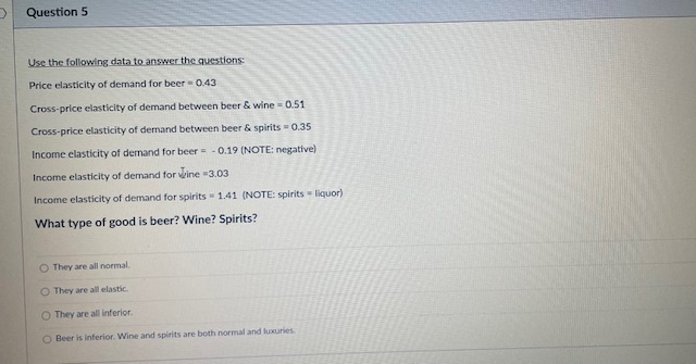 0.19 (NOTE: negative) Income elasticity of demand for wine =3.03 Income elasticity