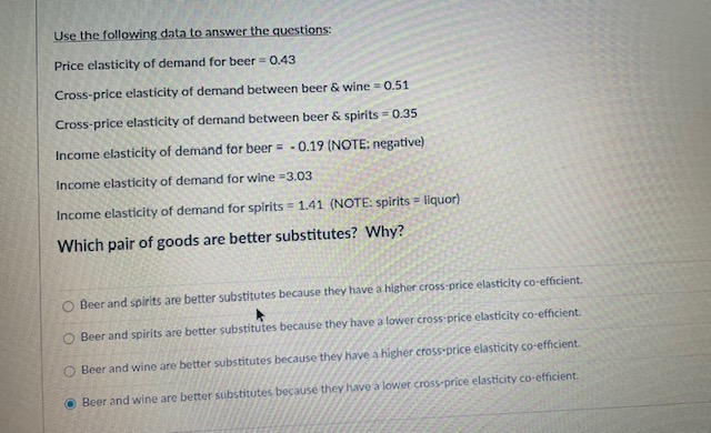 data to answer the questions: Price elasticity of demand for beer =