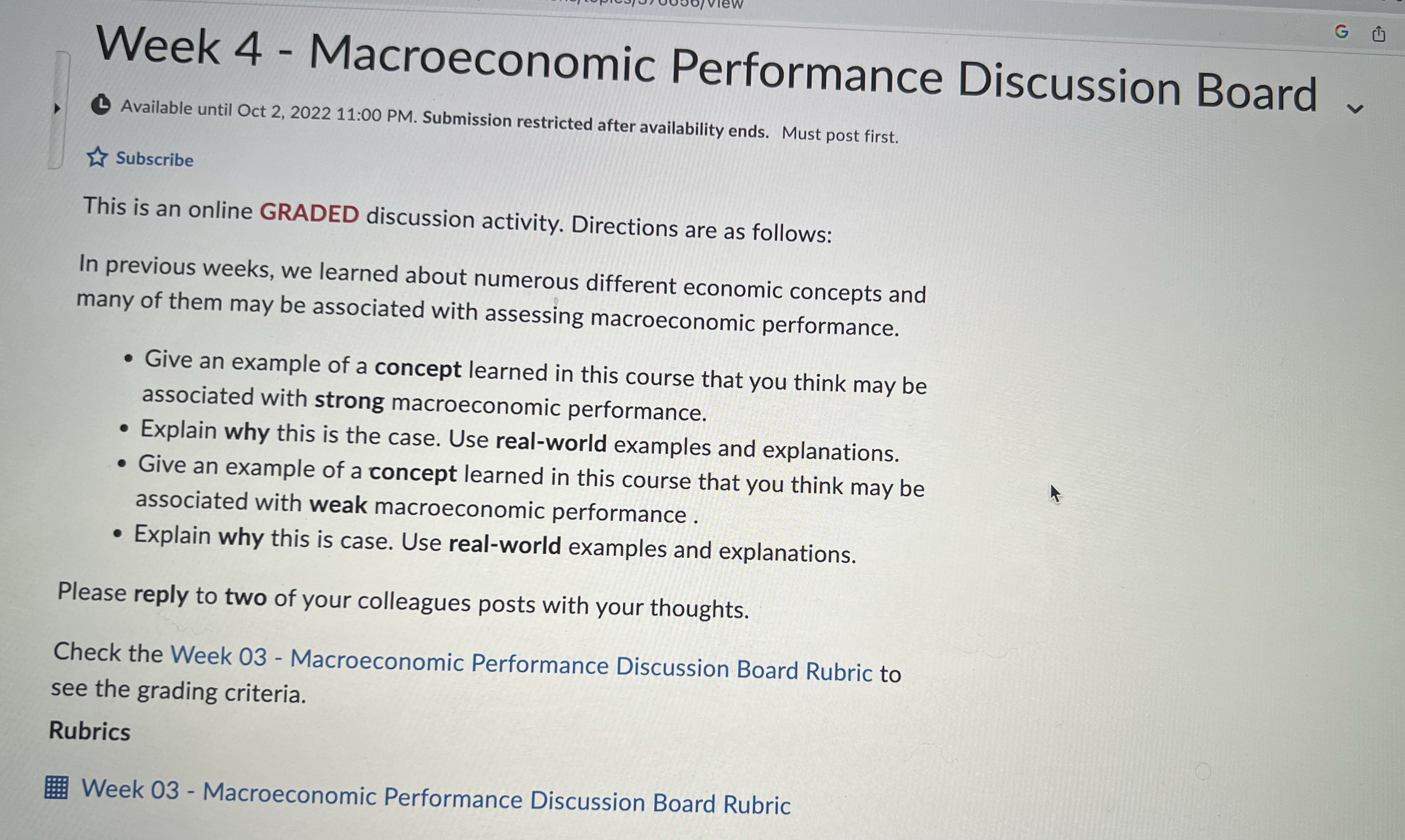  G Week 4 - Macroeconomic Performance Discussion Board~ Available until Oct