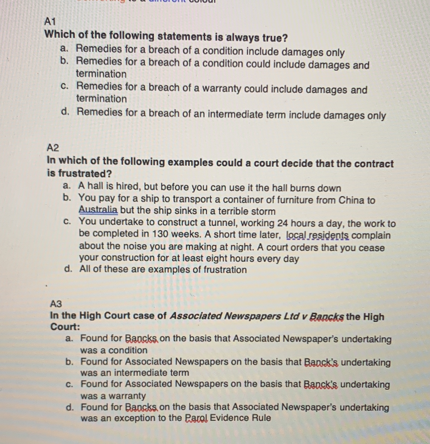 answer from 4 choices. A1 Which of the following statements is always
