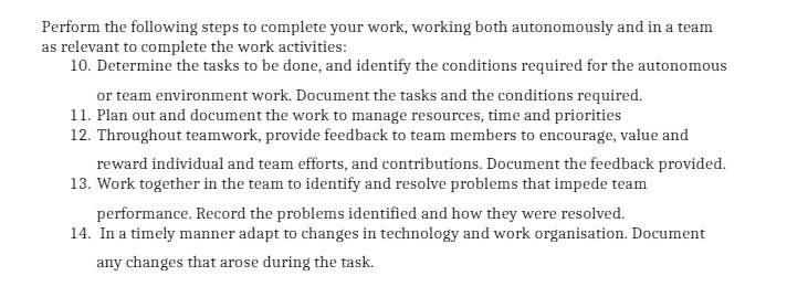 and in a team as relevant to complete the work activities: If).