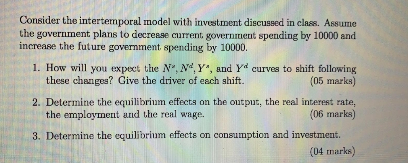 I need help with the following Consider the intertemporal model with