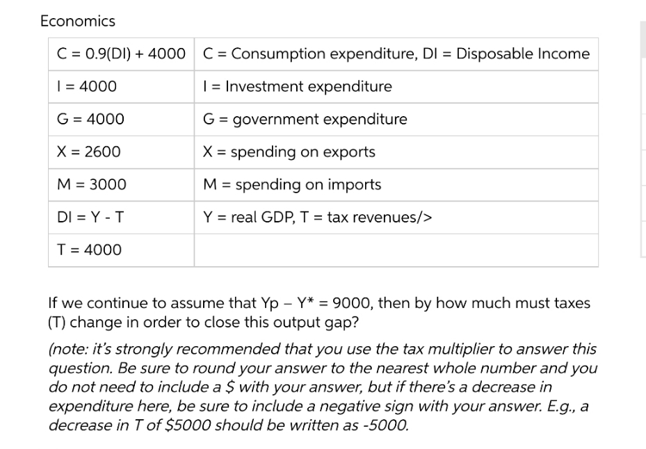  please answer Economics C = 0.9{DI} + 4000 C = Consumption