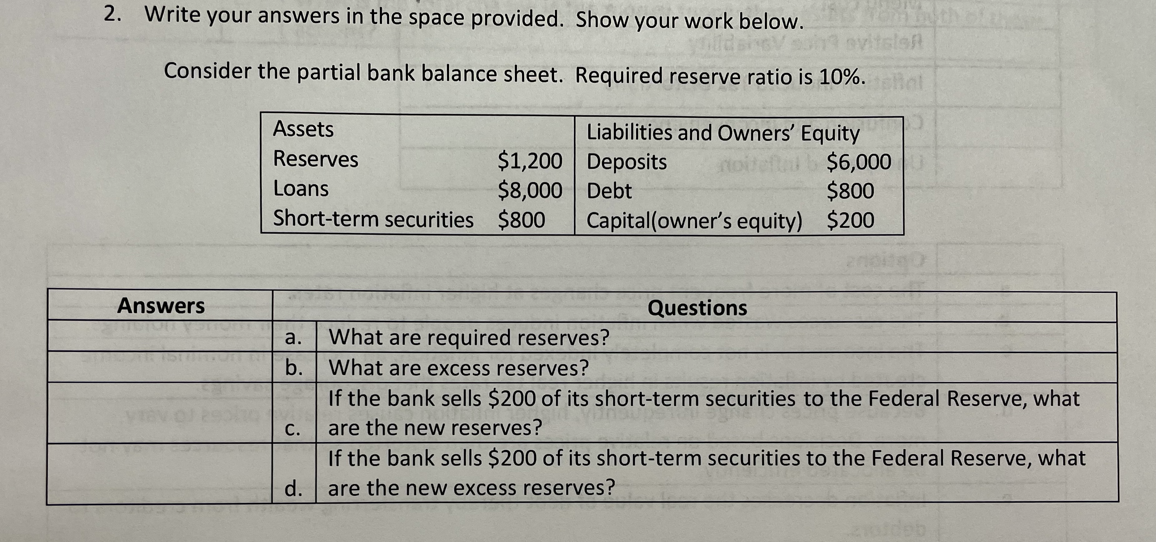 below. Consider the partial bank balance sheet. Required reserve ratio is 10%.