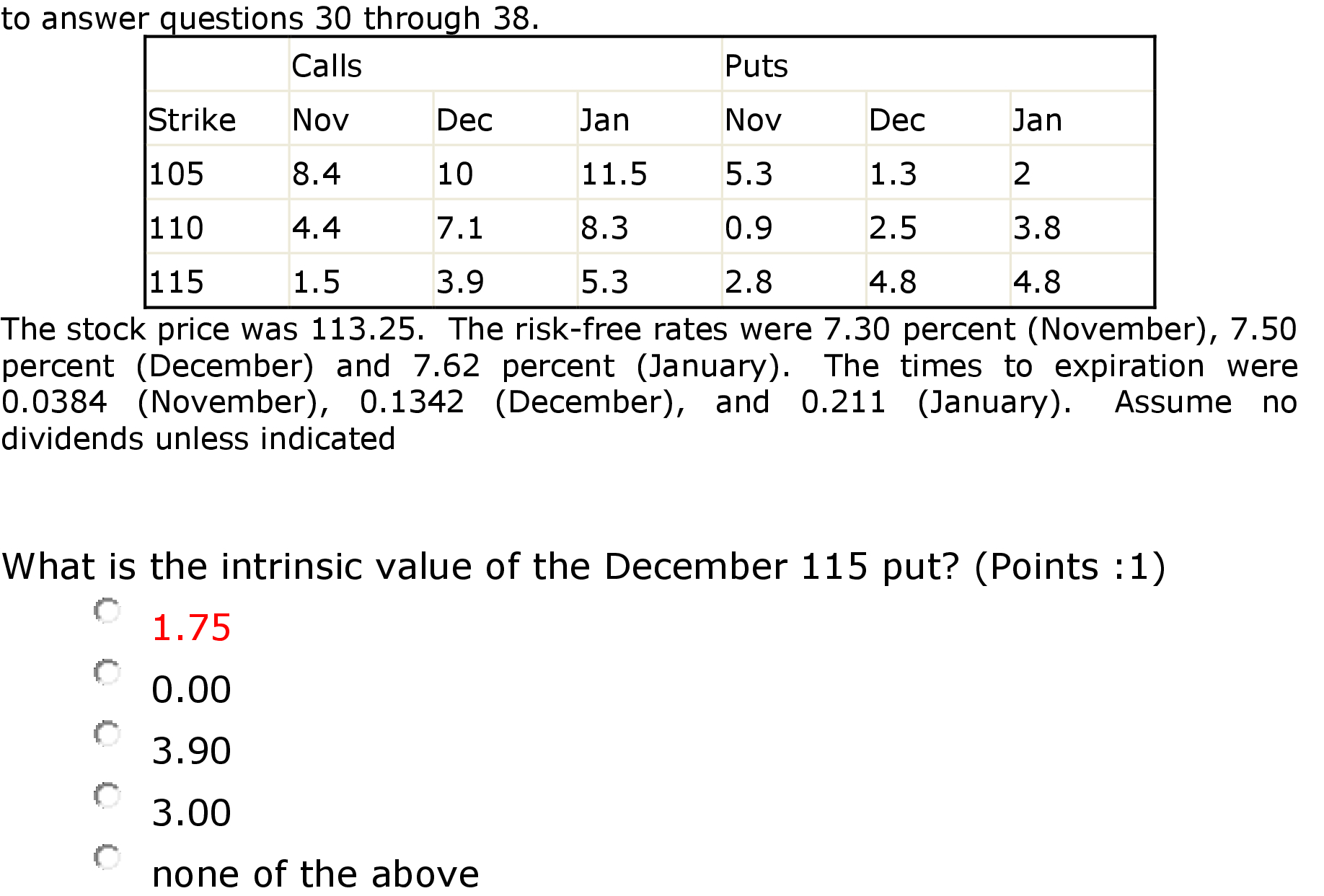 to answer questions 30 through 38 . Calls Puts Strike NOV