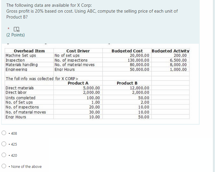 Product B? (2 Points) Overhead Item IMachine Set ups In soe cton