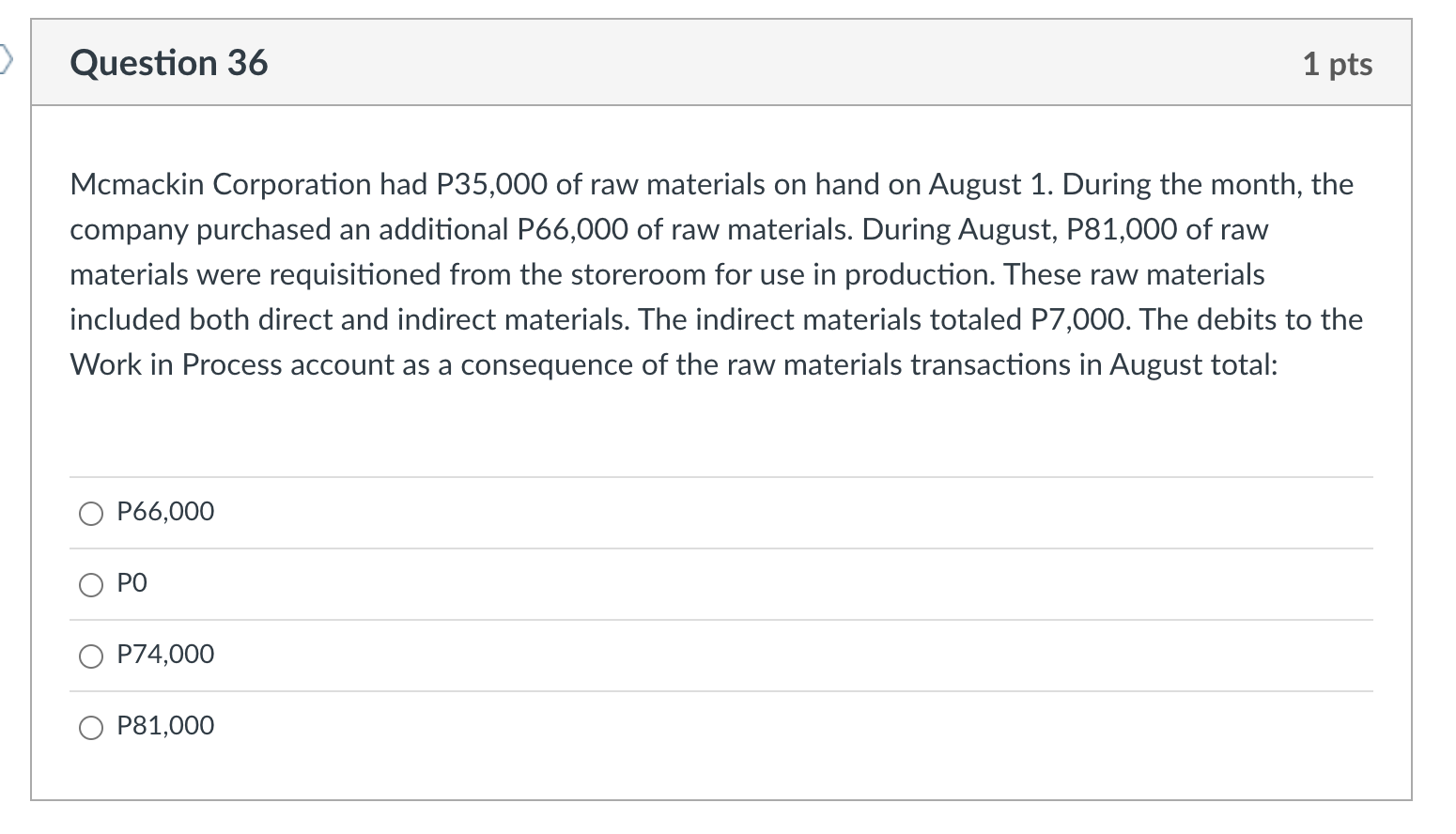 of P400 and P200 for direct materials, and charges of P300 and