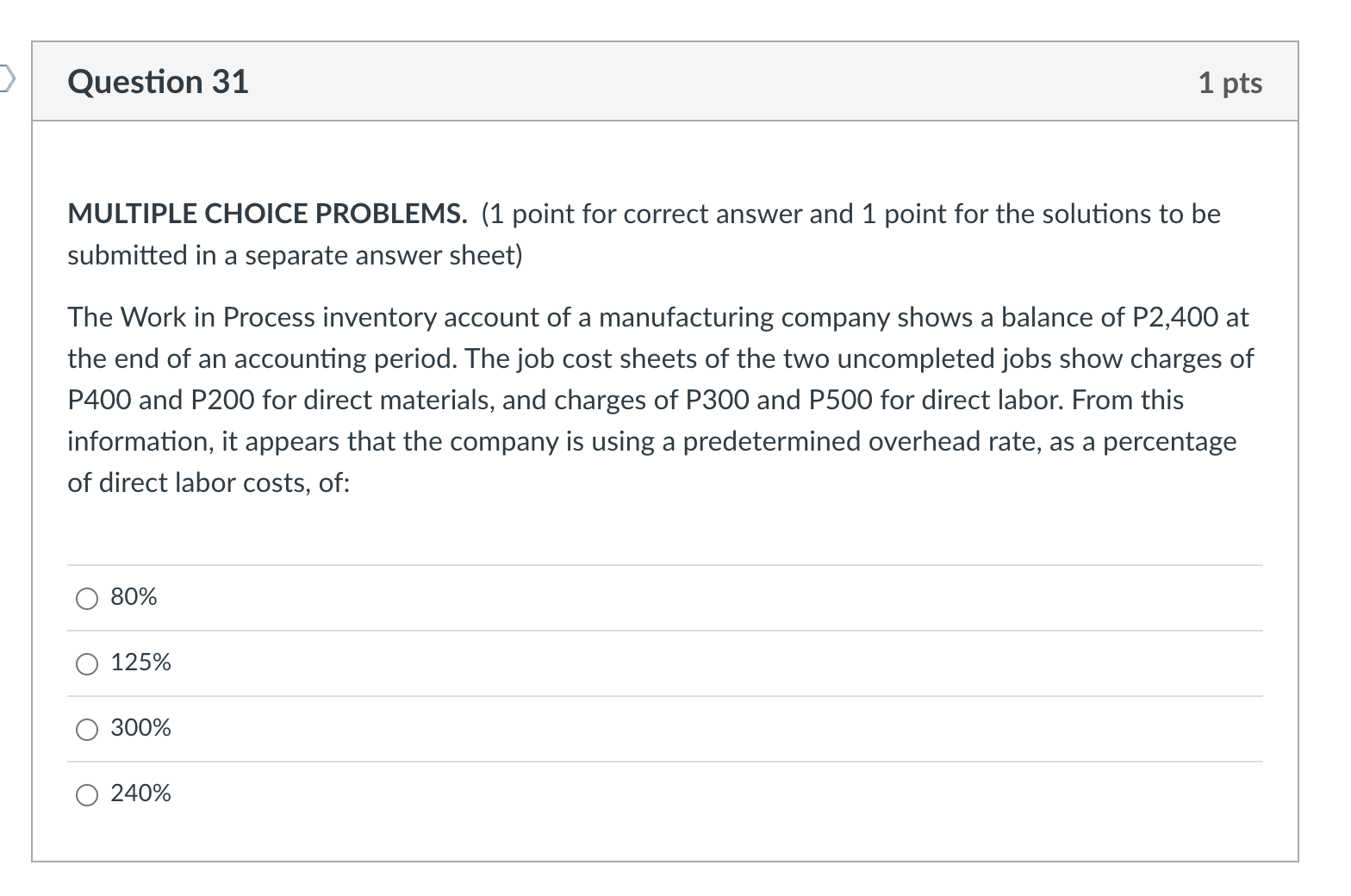 recorded on its job cost sheet: Direct Materials P3,405 Direct Labor-hours 54