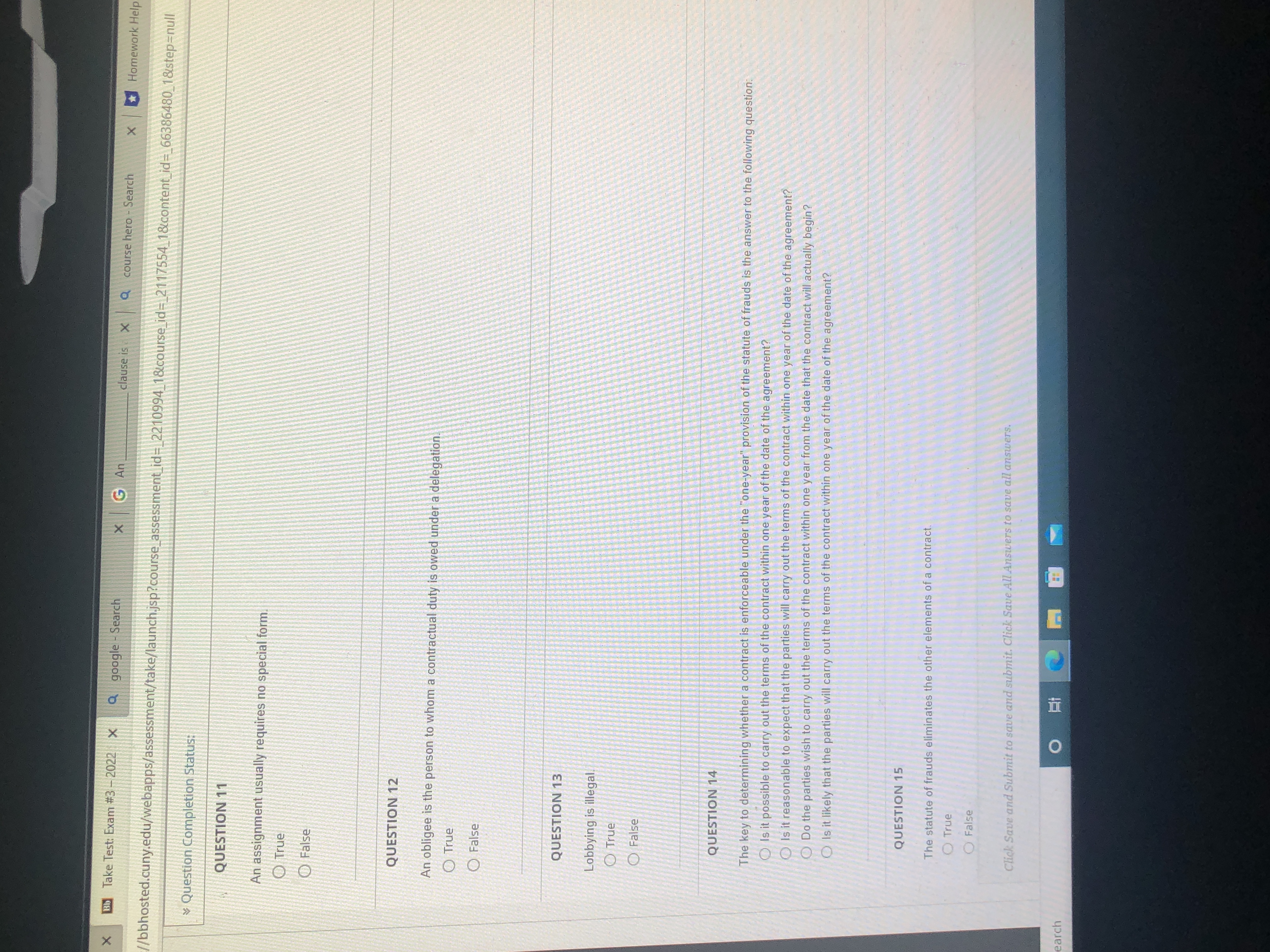 or False X Bb Take Test: Exam #3 - 2022 > google
