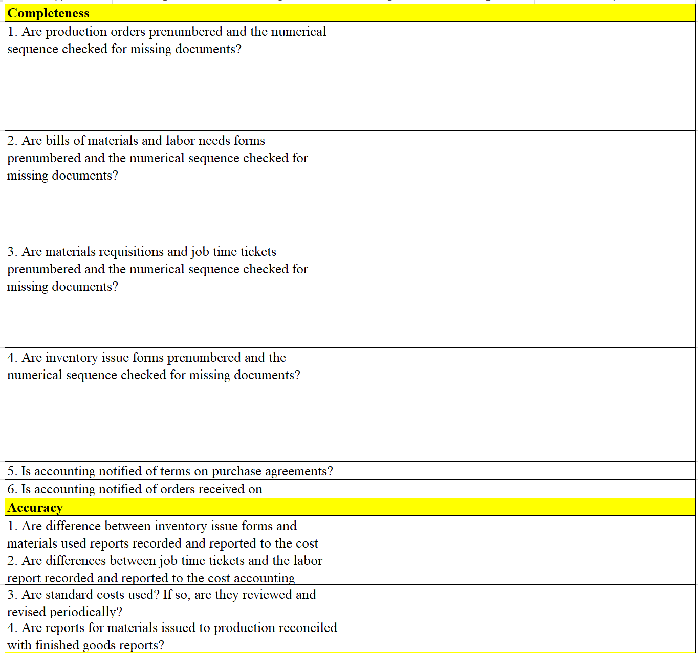assume that the answer to each question is "no." Prepare a table