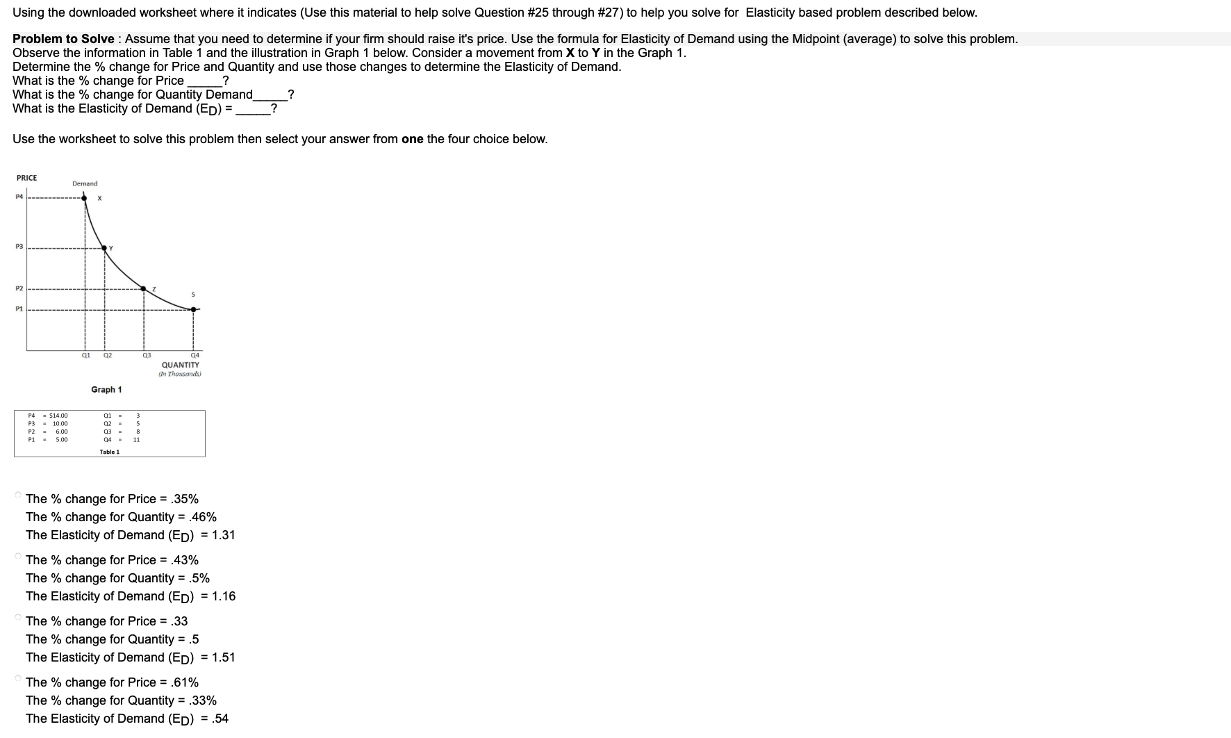 price. Use the formula for Elasticity of Demand using the Midpoint (average)