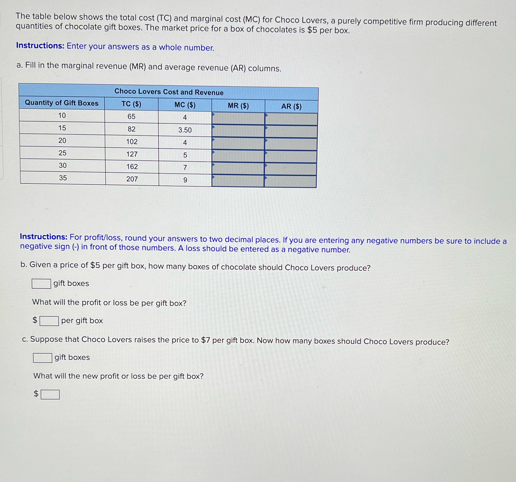 marginal cost (MC) for Choco Lovers, a purely competitive firm producing different