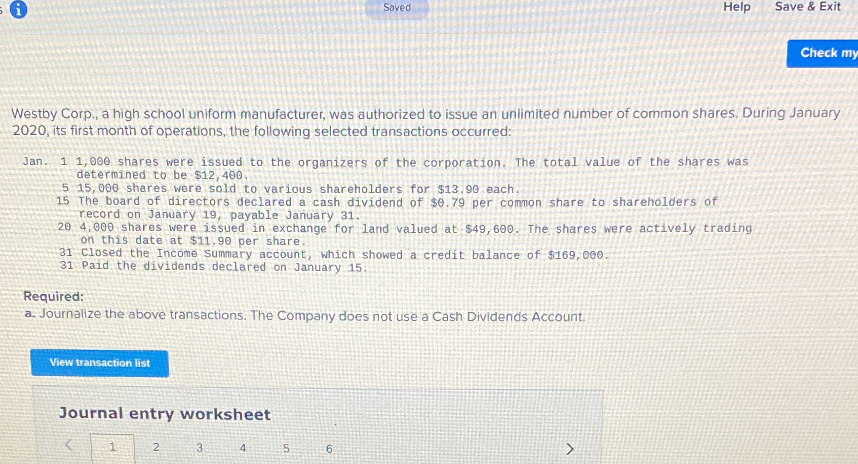  Saved Help Save & Exit Check my Westby Corp., a high