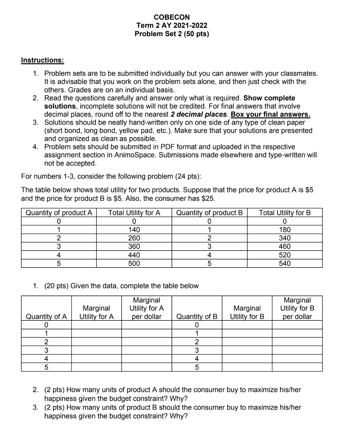 COBECON Term 2 AY 2021-2022 Problem Set 2 (50 pts) Instructions: