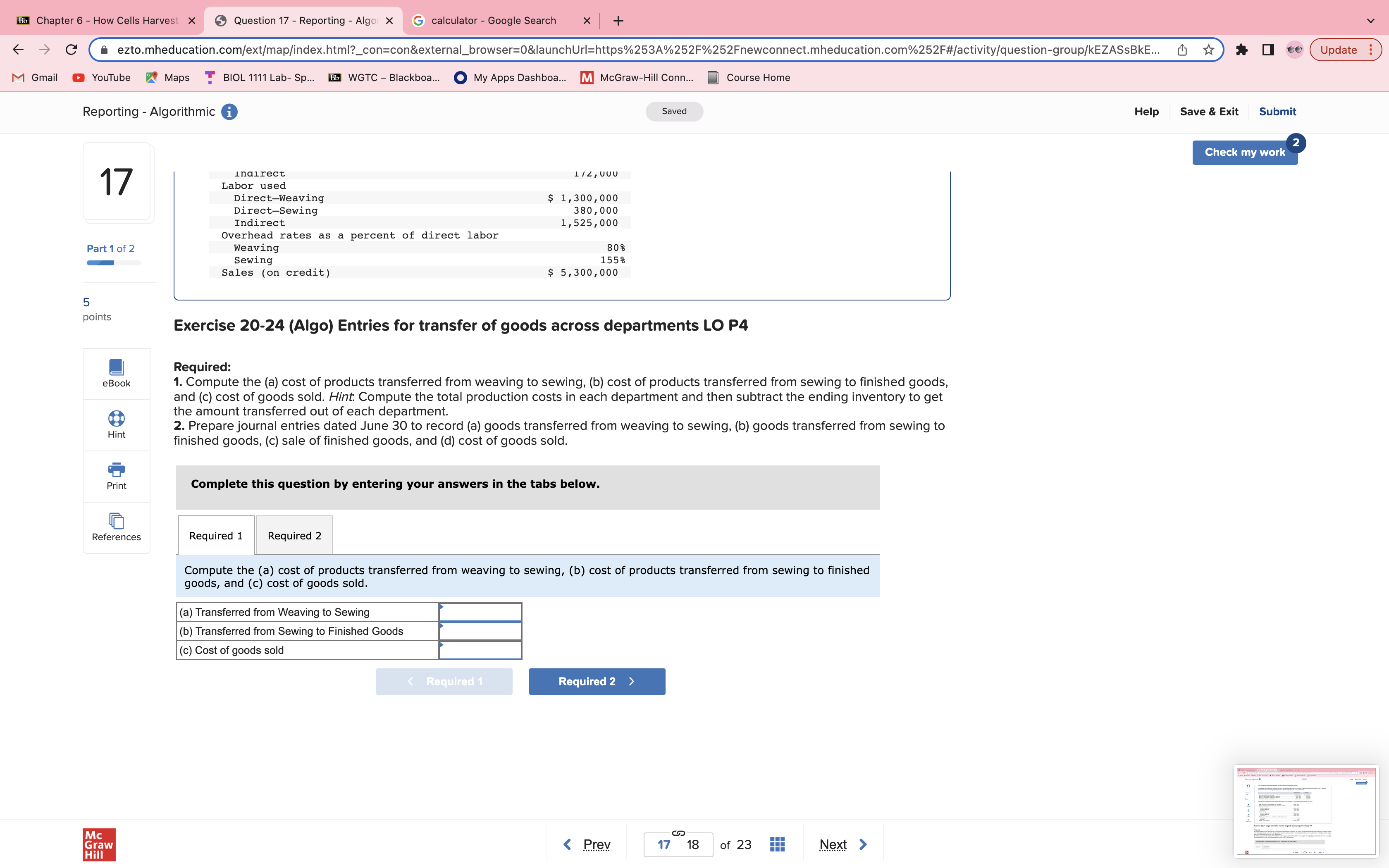 Reporting - Algo X calculator - Google Search X + ( ezto.mheducation.com/ext/map/index.html?_con=con&external_browser=0&launchUrl=https%253A%252F%252Fnewconnect.mheducation.com%252F#/activity/question-group/kEZASSBKE...