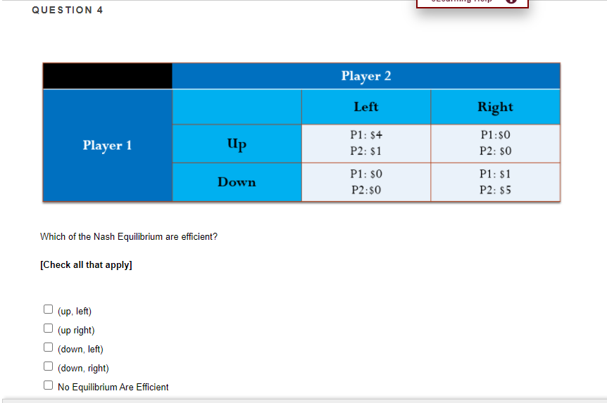 No EquilibriumQUESTION 4 Player 2 Left Right P1: $4 P1:$0 Player 1