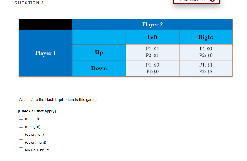 up P2: $1 P2: $0 P1: $0 P1: $1 Down P2:$0 P2: