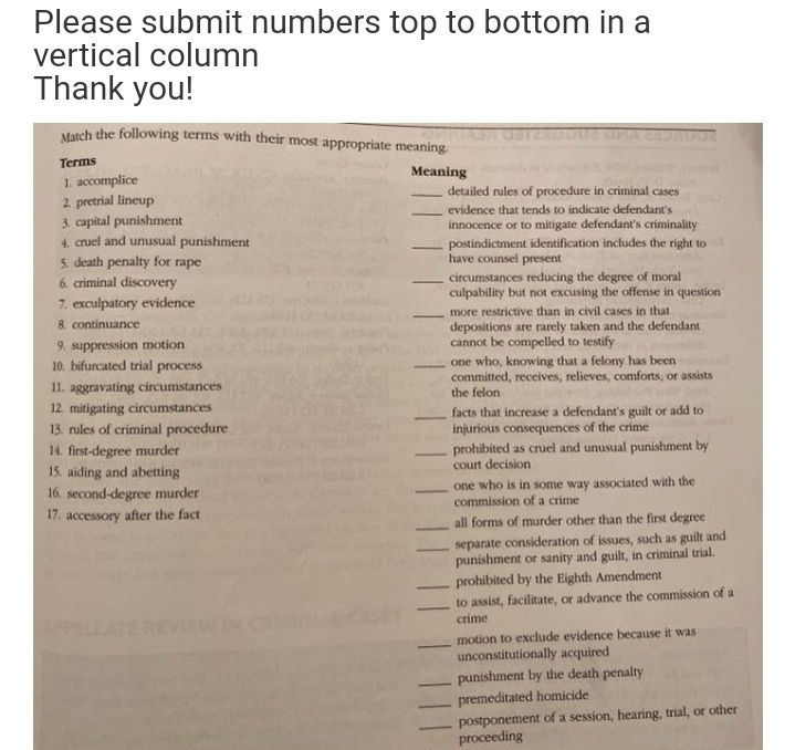Please submit numbers top to bottom in a vertical column Thank
