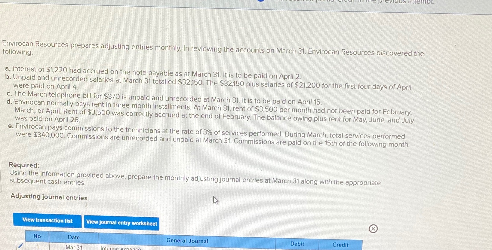 the subsequent cash section lous attempt Envirocan Resources prepares adjusting entries monthly.